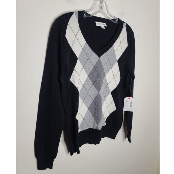NWT St John's Bay black white grey argyle plaid cotton v-neck sweater small pet - Picture 2 of 6